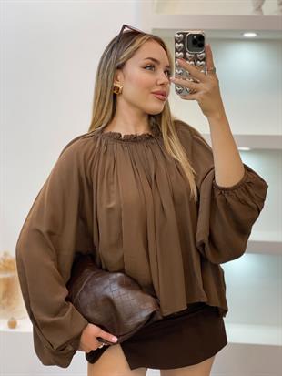 Kahve Yakası Büzgülü Premium Seri Şifon Bluz