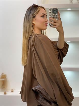 Kahve Yakası Büzgülü Premium Seri Şifon Bluz
