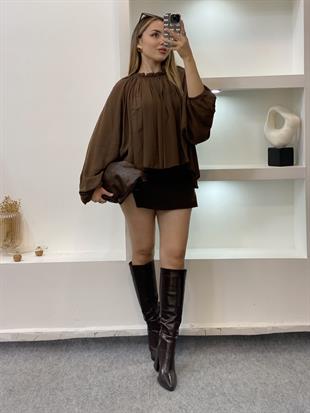 Kahve Yakası Büzgülü Premium Seri Şifon Bluz