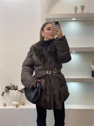 Kahve Yakası Kürklü Kemerli Model Şişme Mont