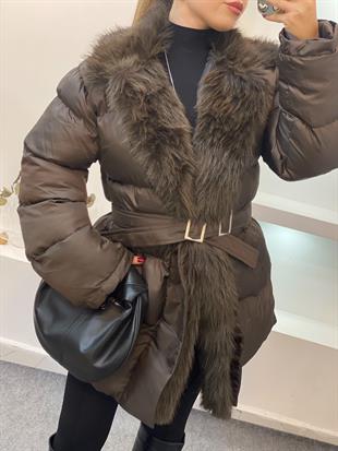 Kahve Yakası Kürklü Kemerli Model Şişme Mont