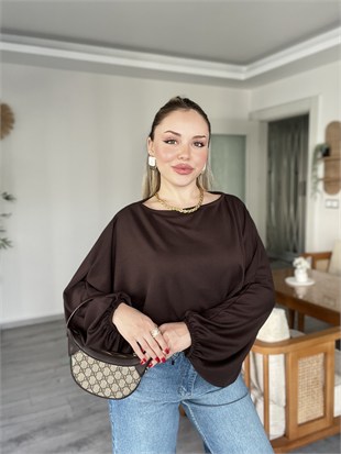 Kahve Yarasa Kol Oversize Modal Bluz