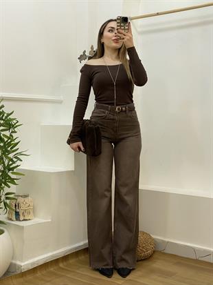 Kahve Yıkamalı Yüksek Bel Straight Jean