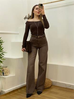 Kahve Yıkamalı Yüksek Bel Straight Jean