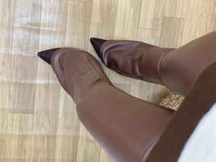 Kahve Yüksek Bel İspanyol Deri Pantolon 