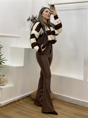 Kahve Yüksek Bel İspanyol Deri Pantolon 