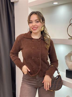 Kahve Yumoş Dokulu Düğmeli Hırka