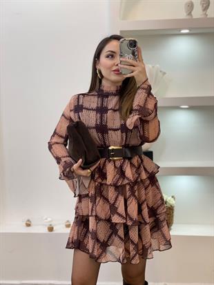 Kemerli Volanlı Model Şifon Elbise