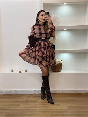 Kemerli Volanlı Model Şifon Elbise