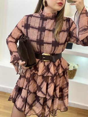 Kemerli Volanlı Model Şifon Elbise