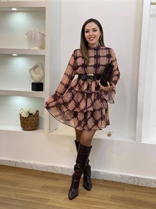 Kemerli Volanlı Model Şifon Elbise