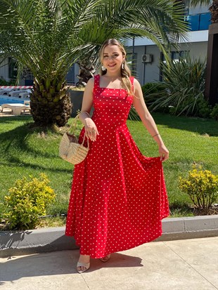 Kırmızı Puantiyeli Desen Likralı Kuşaklı Scuba Elbise
