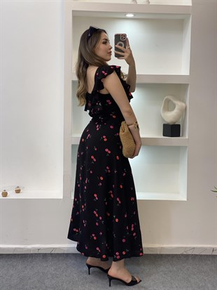 Kiraz Desen Kolları Volanlı Elbise