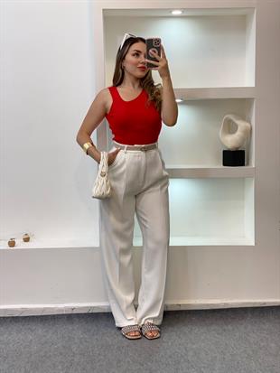 Kırmızı Asimetrik Yaka Triko Bluz