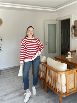 Kırmızı Beyaz Çizgili Oversize Modal Sweatshirt 