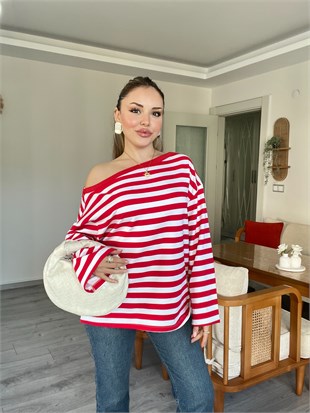 Kırmızı Çizgili Düşük Omuz Oversize Modal Bluz