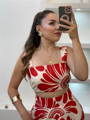 Kırmızı Desenli Premium Kalite Crop Bluz Etek Takım