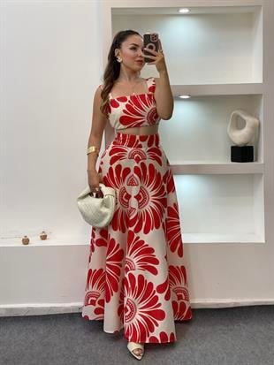 Kırmızı Desenli Premium Kalite Crop Bluz Etek Takım