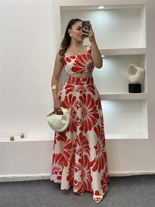 Kırmızı Desenli Premium Kalite Crop Bluz Etek Takım