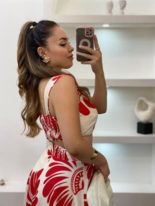 Kırmızı Desenli Premium Kalite Crop Bluz Etek Takım