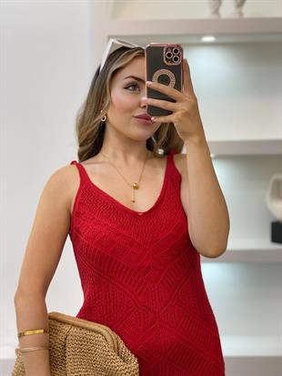 Kırmızı Desenli Triko Elbise