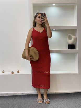 Kırmızı Desenli Triko Elbise