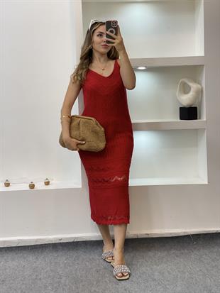 Kırmızı Desenli Triko Elbise