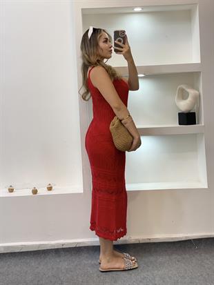 Kırmızı Desenli Triko Elbise