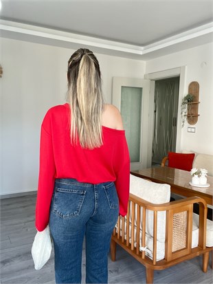 Kırmızı Düşük Omuz Oversize Modal Bluz
