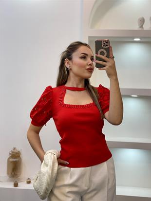 Kırmızı Fisto Kol Önü Pencereli Model Triko