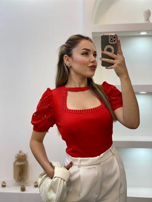 Kırmızı Fisto Kol Önü Pencereli Model Triko