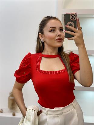 Kırmızı Fisto Kol Önü Pencereli Model Triko