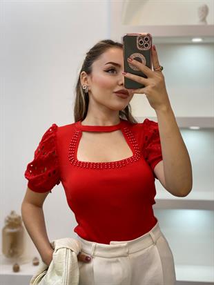 Kırmızı Fisto Kol Önü Pencereli Model Triko