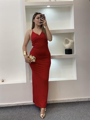 Kırmızı İp Askılı Sırt Dekolteli Elbise