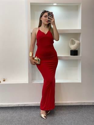 Kırmızı İp Askılı Sırt Dekolteli Elbise