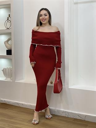 Kırmızı Madonna Yaka Triko Elbise