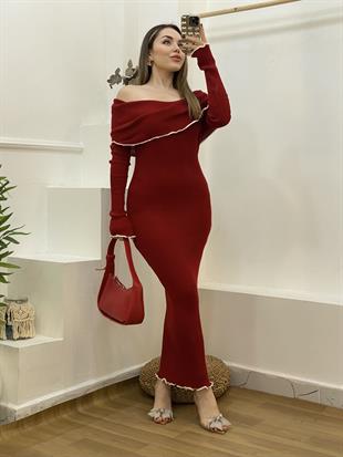 Kırmızı Madonna Yaka Triko Elbise
