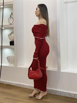 Kırmızı Madonna Yaka Triko Elbise