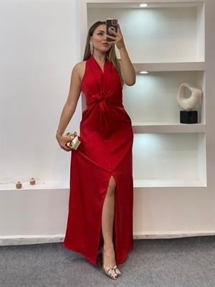 Kırmızı Maxi Boy Önü Bağlamalı Model Elbise