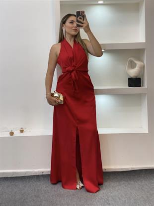 Kırmızı Maxi Boy Önü Bağlamalı Model Elbise