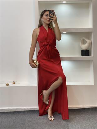 Kırmızı Maxi Boy Önü Bağlamalı Model Elbise