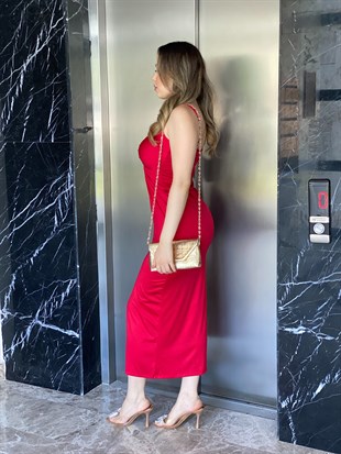 Kırmızı Mikro Askılı Burgu Detay Elbise 