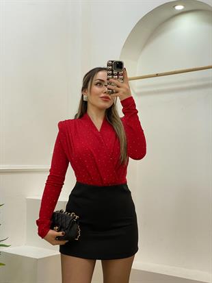 Kırmızı Ön Ve Arkası Taşlı Bodysuit