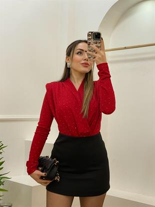 Kırmızı Ön Ve Arkası Taşlı Bodysuit