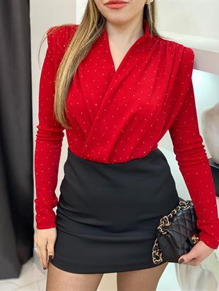 Kırmızı Ön Ve Arkası Taşlı Bodysuit