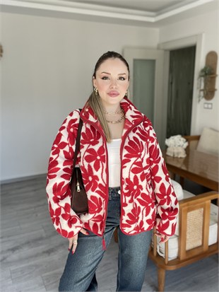 Kırmızı Papatya Desen Polar Fermuarlı Hırka