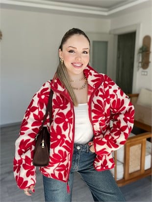 Kırmızı Papatya Desen Polar Fermuarlı Hırka