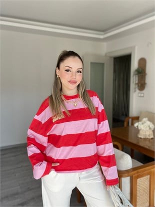 Kırmızı Pembe Çizgili Yazılı Basic