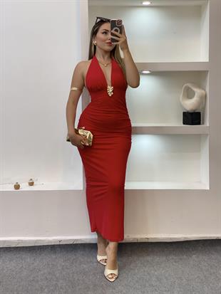 Kırmızı Premium Kalite Sırt Dekolteli Elbise