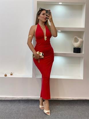Kırmızı Premium Kalite Sırt Dekolteli Elbise